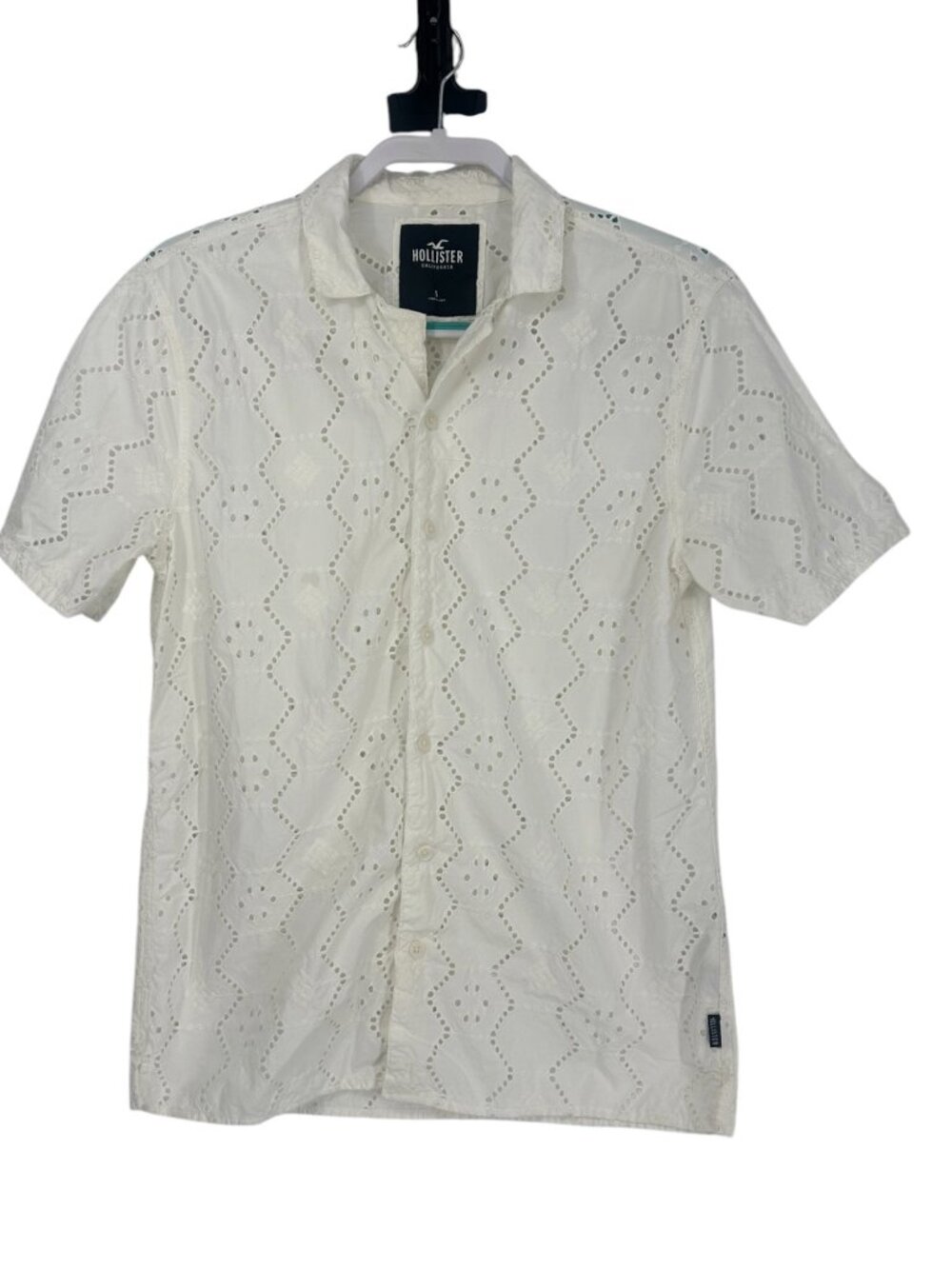Hollister Men's Shirt Small Ivory Eyelet Short Sleeve Button Up Cotton Summer